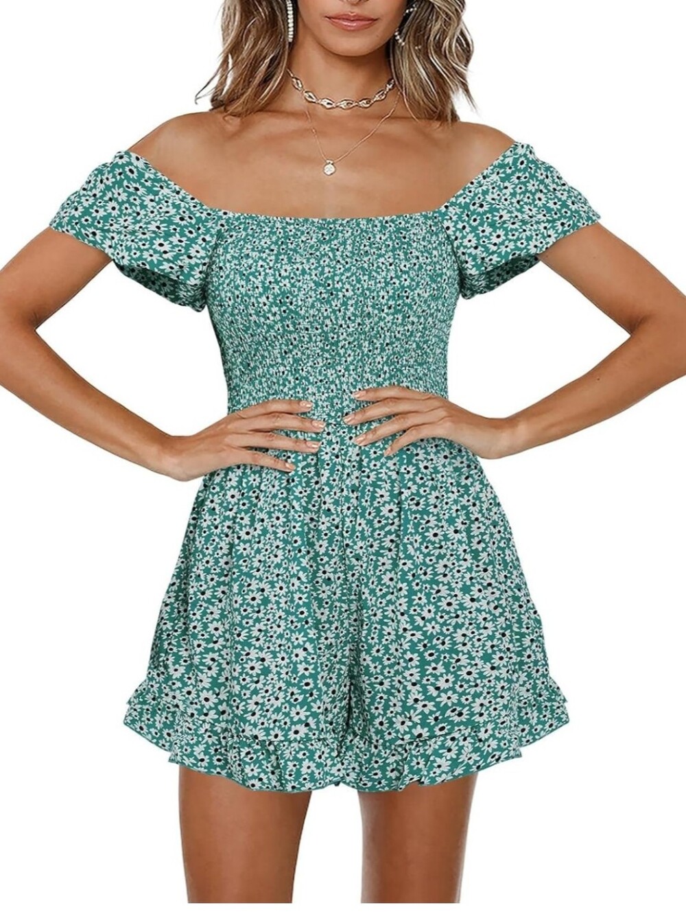 Green Floral Off-Shoulder Romper